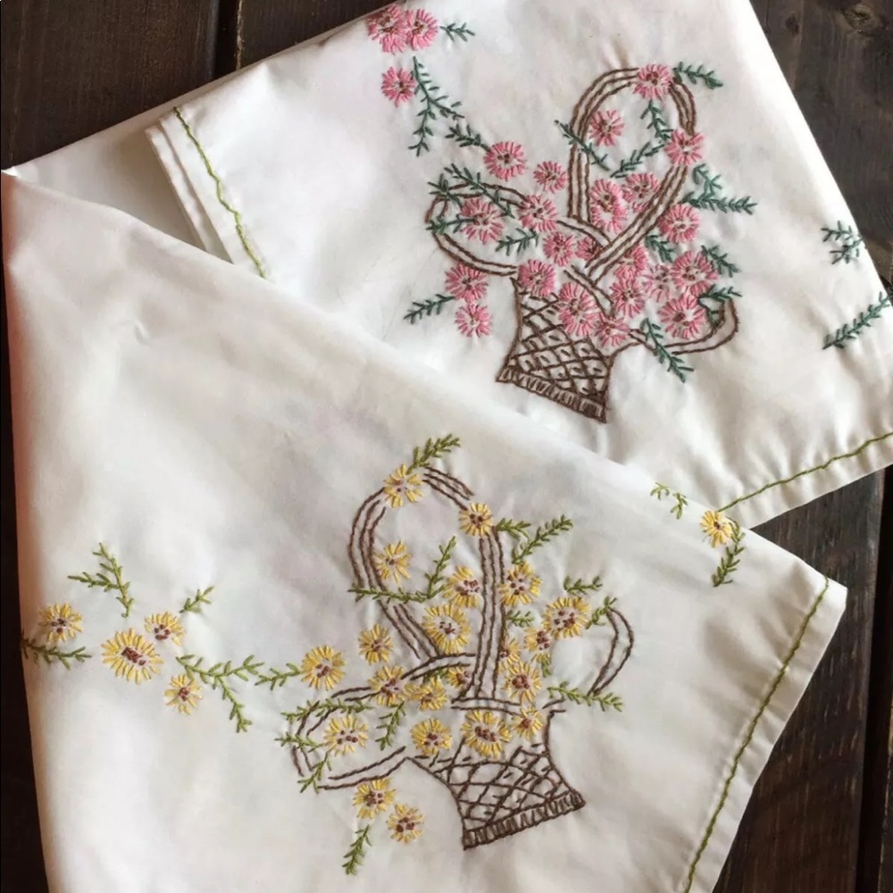 VTG White Square Table Cloth Hand Embroidered With Floral Basket Motif 35.5x35.5